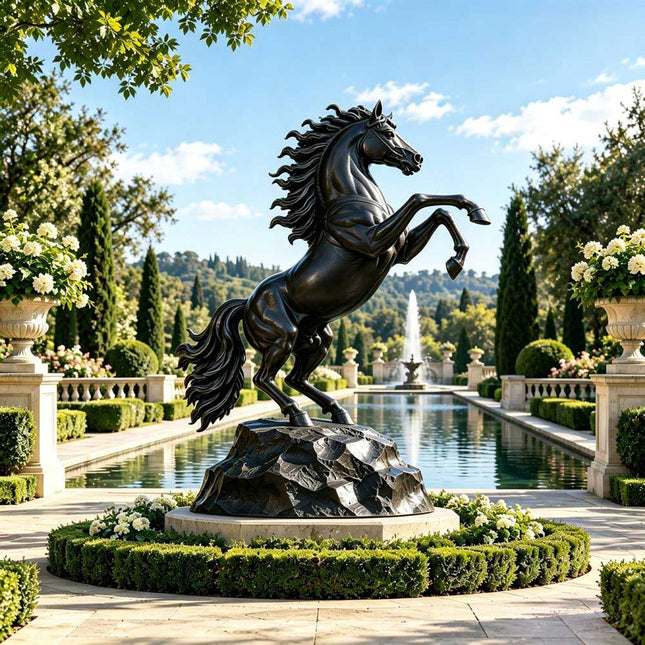 Black bronze horse statue in a rearing pose displayed in a formal garden