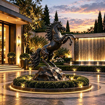 Black bronze rearing horse statue displayed in a landscaped courtyard at dusk