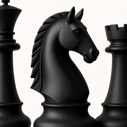 Close-up of a black chess knight sculpture showing the horse head, pointed ears, and layered mane.