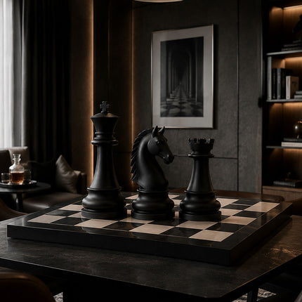 Black king, knight, and rook chess sculptures arranged on a decorative chessboard in a home study.