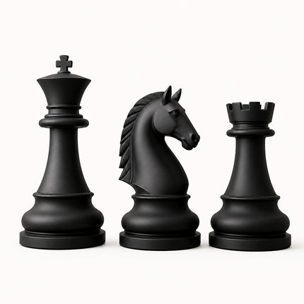 Black chess piece sculptures featuring a king, knight, and rook with matte black surfaces and round bases.