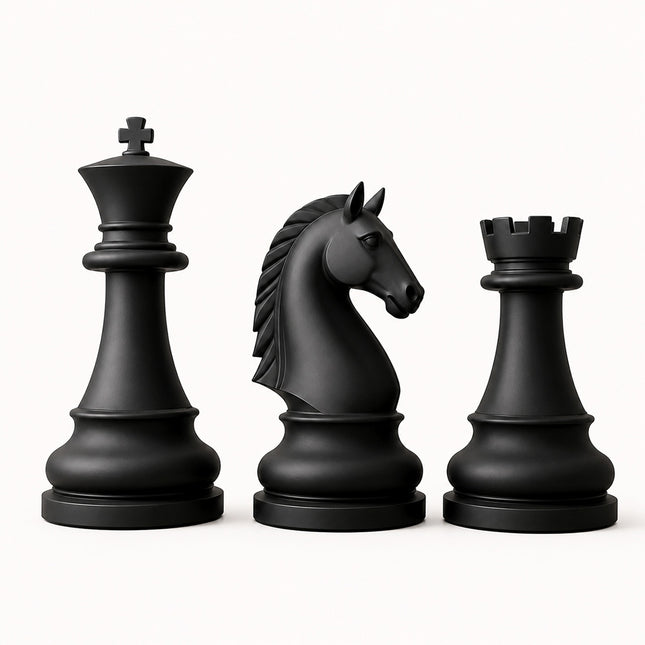 Black chess piece sculptures featuring a king, knight, and rook with matte black surfaces and round bases.