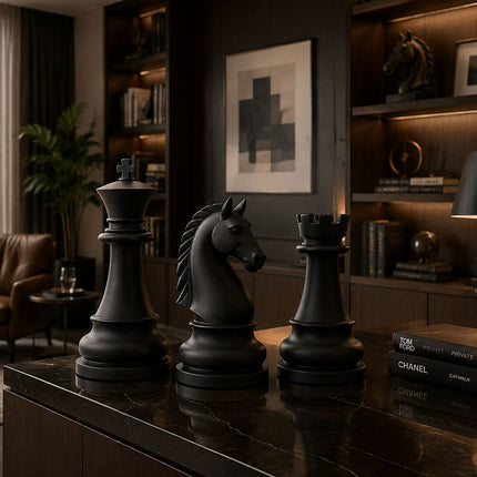 Three black chess piece sculptures displayed on a dark tabletop in a modern home study.