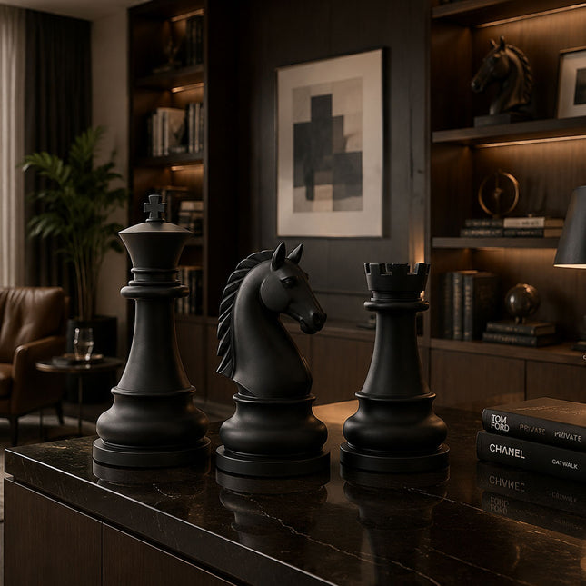 Three black chess piece sculptures displayed on a dark tabletop in a modern home study.