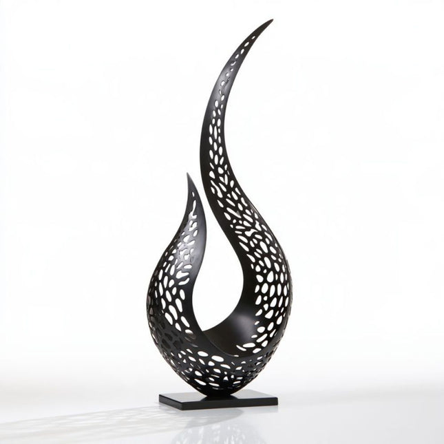 Black abstract stainless steel sculpture with perforated organic curves and central negative space