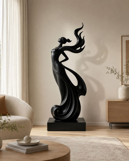 Black stainless steel abstract figure sculpture displayed in a contemporary luxury interior