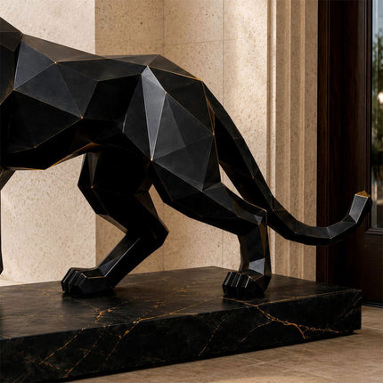 Black stainless steel panther sculpture surface and geometric details
