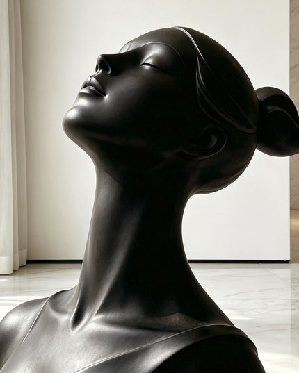 Close-up detail of handcrafted black stainless steel abstract figure sculpture surface
