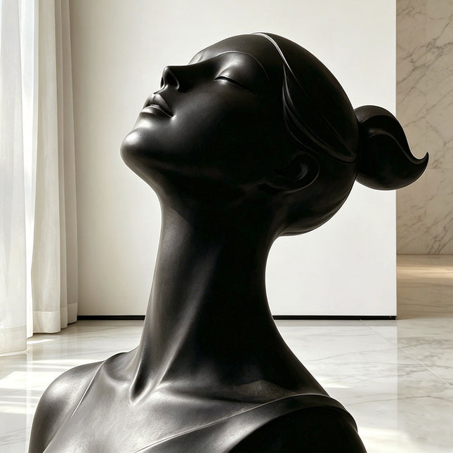 Close-up detail of handcrafted black stainless steel abstract figure sculpture surface