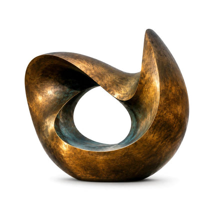 Bronze abstract sculpture with flowing curved form and natural patina