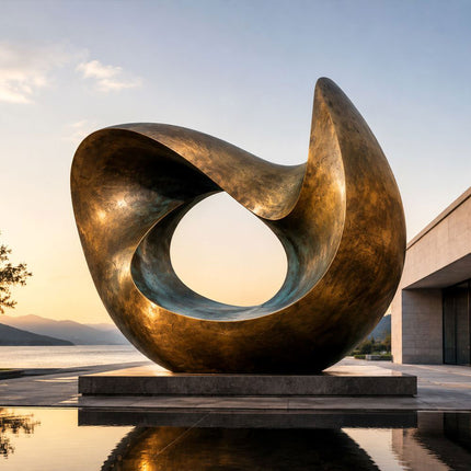 Large bronze abstract sculpture installed in an outdoor architectural space