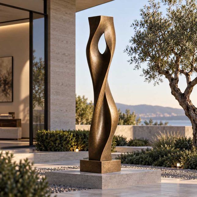 Bronze art sculpture with twisted open form displayed in a modern outdoor courtyard