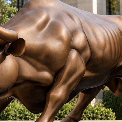 Close-up of the shoulder, chest and muscular body modeling on a bronze bull sculpture