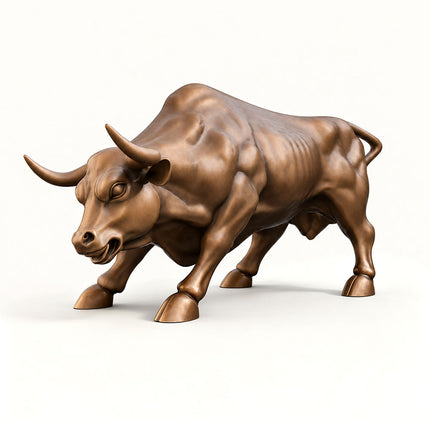 Bronze bull sculpture with lowered horns, muscular form and rectangular dark base