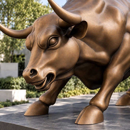 Close-up of the lowered bull head, forward horns and warm bronze patina