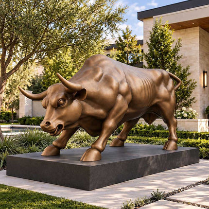 Bronze bull sculpture in a charging stance displayed in a landscaped outdoor setting