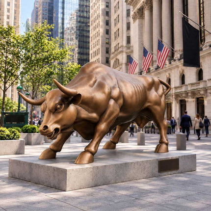 Large bronze bull sculpture displayed in an urban architectural setting