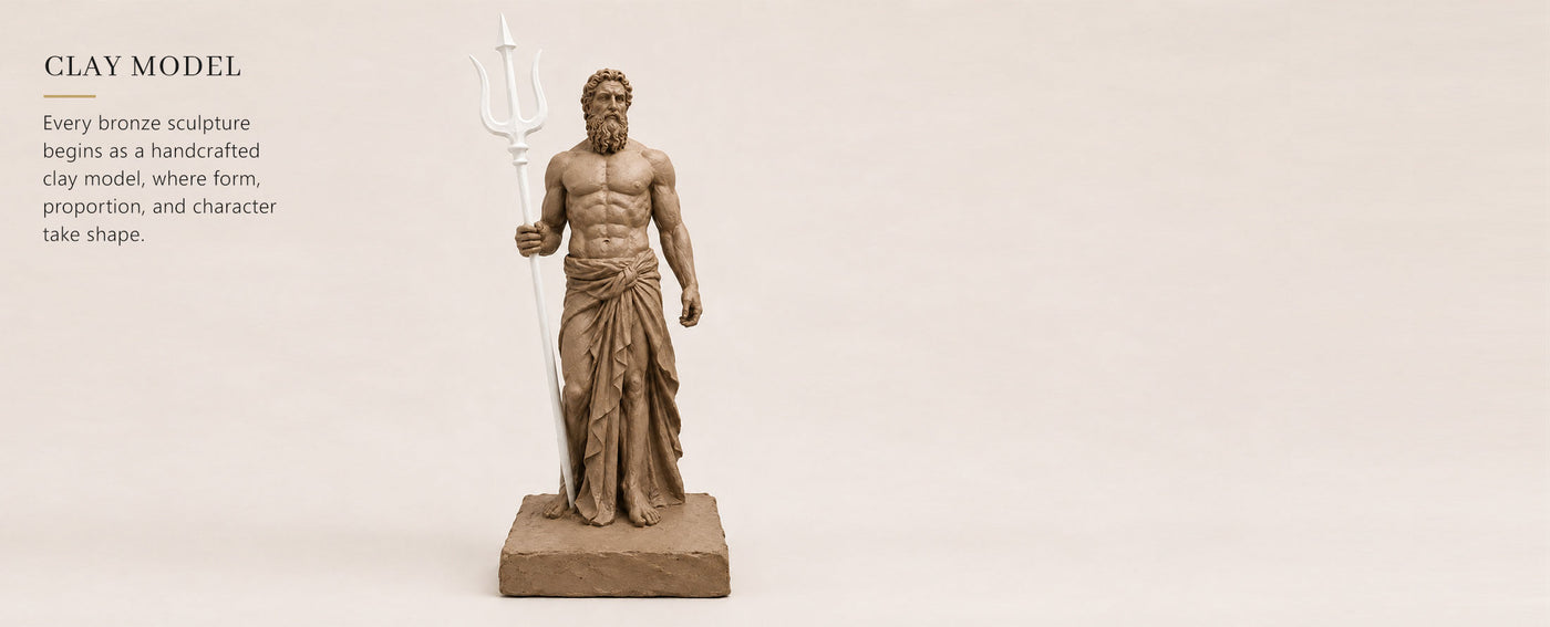 Handcrafted clay model for a custom bronze sculpture before the lost-wax casting process, showing the original sculpted form and artistic details.