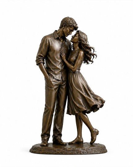 Bronze couple sculpture depicting an intimate embrace with handcrafted patina finish