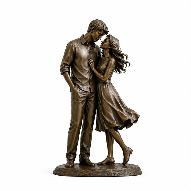 Bronze couple sculpture depicting an intimate embrace with handcrafted patina finish