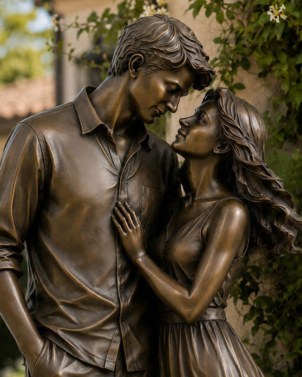 Detailed view of handcrafted bronze couple sculpture with realistic figure details