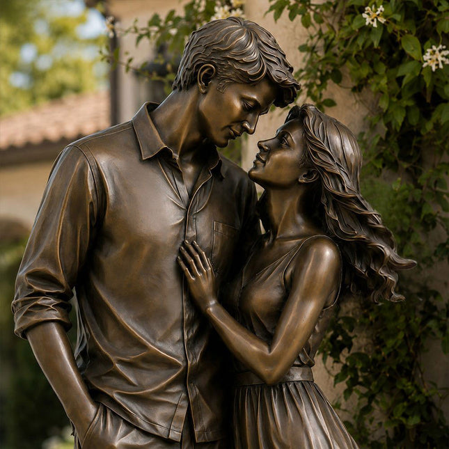Detailed view of handcrafted bronze couple sculpture with realistic figure details