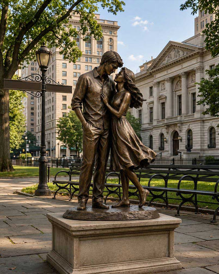 Bronze couple sculpture installed in a public park landscape setting