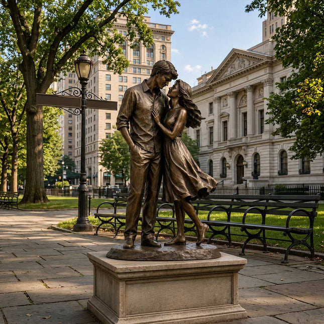 Bronze couple sculpture installed in a public park landscape setting