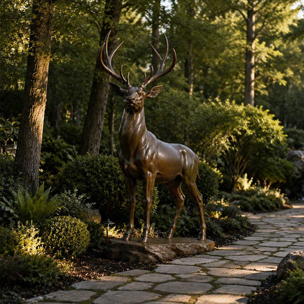 Bronze deer sculpture integrated into a natural garden landscape with stone pathway