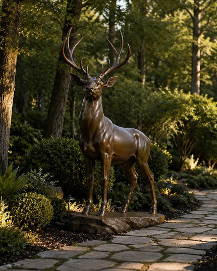 Bronze deer sculpture integrated into a natural garden landscape with stone pathway