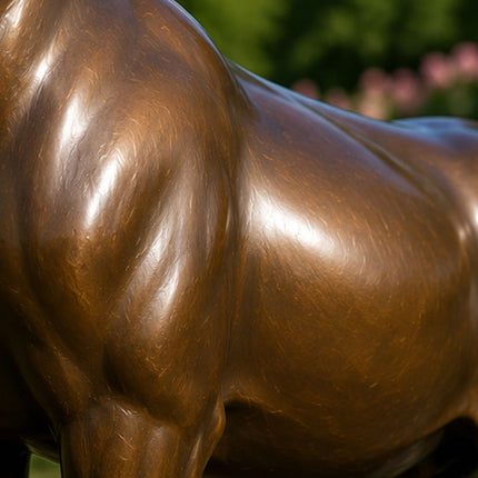 Close up detail of bronze deer sculpture showing handcrafted patina finish