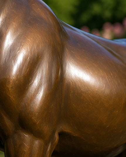 Close up detail of bronze deer sculpture showing handcrafted patina finish