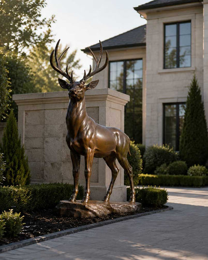 Life size bronze deer statue placed in a luxury estate garden landscape