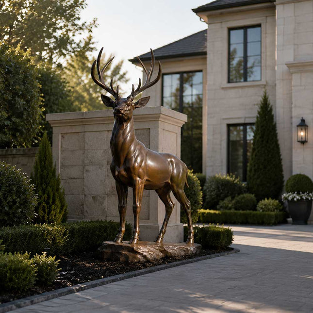 Life size bronze deer statue placed in a luxury estate garden landscape