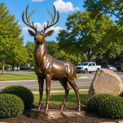 Outdoor bronze deer statue displayed in a landscaped garden setting