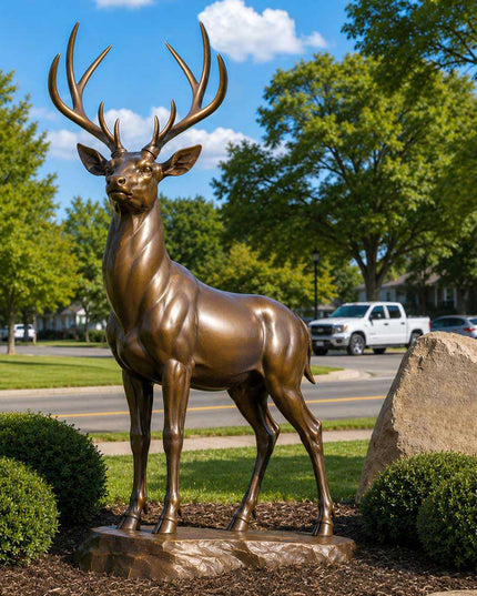 Outdoor bronze deer statue displayed in a landscaped garden setting