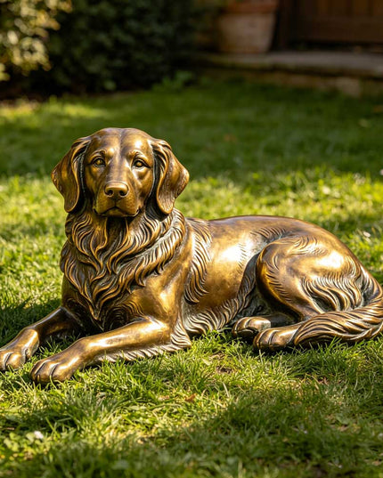 Bronze dog sculpture displayed in a residential garden landscape