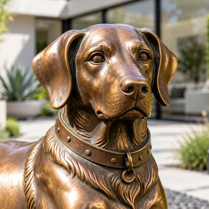 Close-up of a bronze dog sculpture showing its expressive eyes, folded ears, sculpted muzzle, and detailed collar.