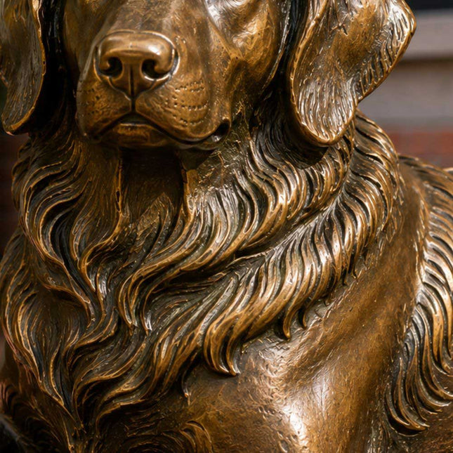 Close-up detail of handcrafted bronze dog sculpture head and fur texture