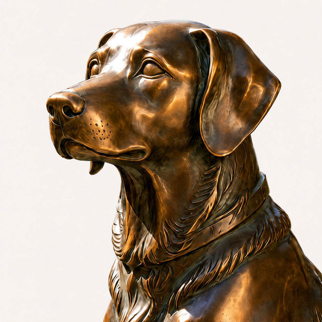 Detailed bronze dog sculpture showing handcrafted facial features and patina texture