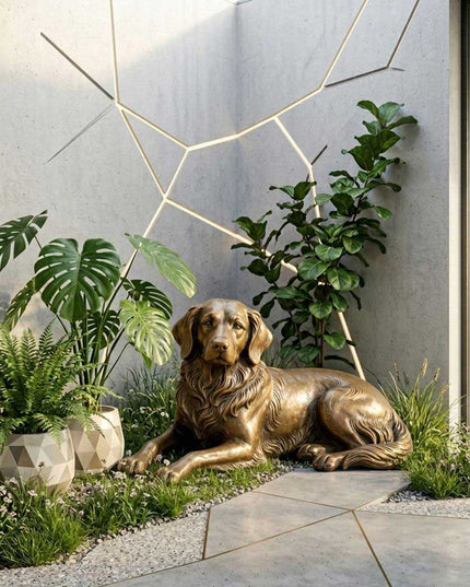Bronze dog statue integrated into a modern garden setting