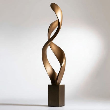 Bronze sculpture with two slender twisting ribbons and elongated openings