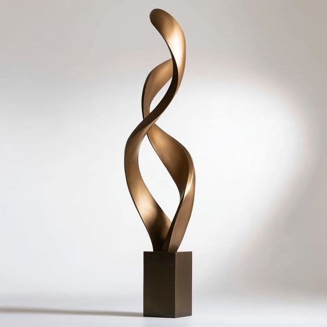 Bronze sculpture with two slender twisting ribbons and elongated openings