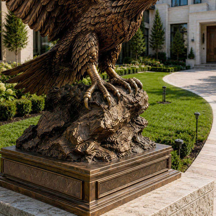 Close up detail of bronze eagle sculpture showing handcrafted talons and textured base
