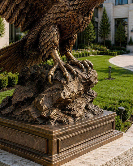 Close up detail of bronze eagle sculpture showing handcrafted talons and textured base