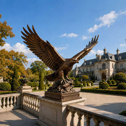 Bronze eagle sculpture displayed in a luxury garden landscape with architectural surroundings