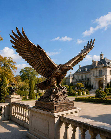 Bronze eagle sculpture displayed in a luxury garden landscape with architectural surroundings