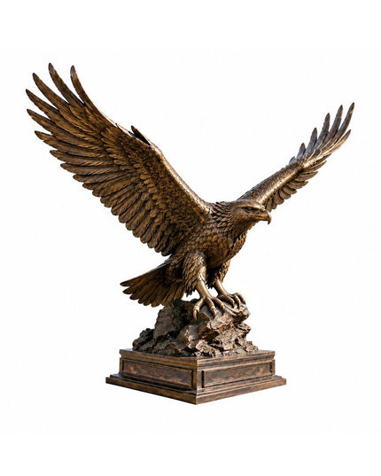 Handcrafted bronze eagle sculpture with detailed feathers and raised wings