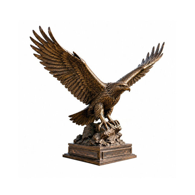 Handcrafted bronze eagle sculpture with detailed feathers and raised wings