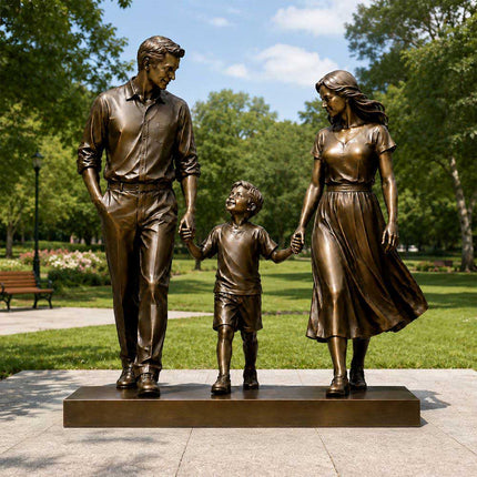 Bronze family sculpture of parents and child walking hand in hand in a landscaped park
